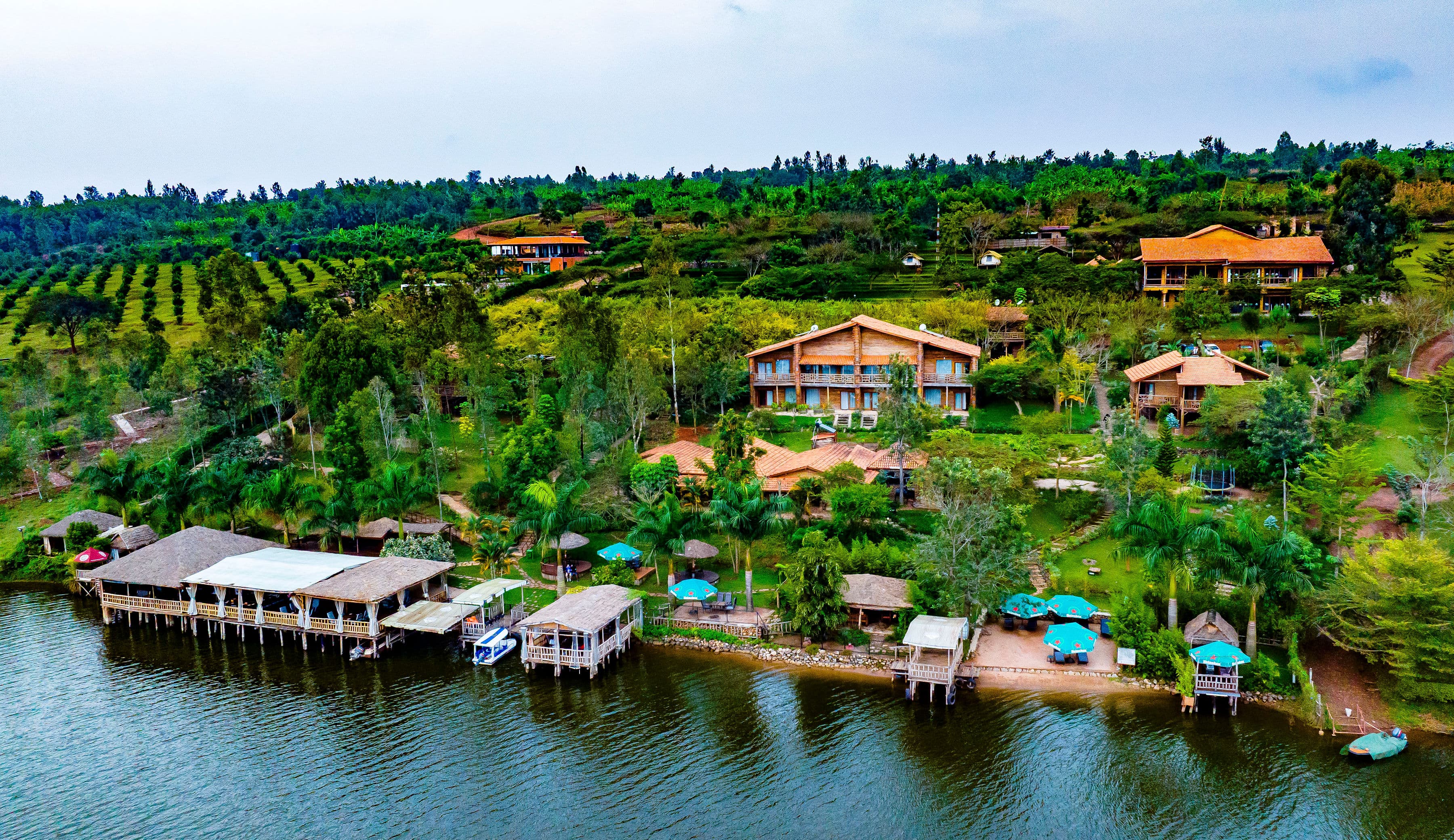 Aerial view of the lodge and Lake Muhazi